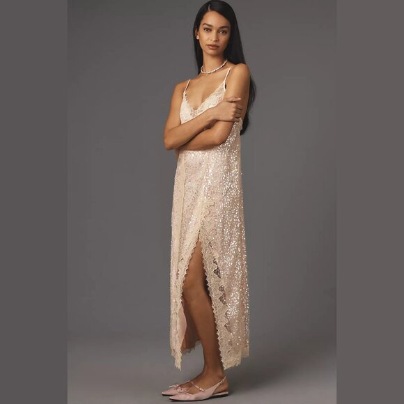 NEW En Elly Sizes M, L, XL Sleeveless V-Neck Lace Sequin Slip Midi Dress - Pink - Picture 1 of 4